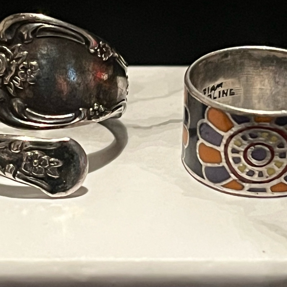 Vintage Silver Jewelry Set: "Juliette" Floral Spoon & Siam Sterling Enamel Band